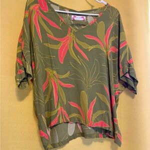 Ava Sky Olive and Coral Ti Leaf Blouse S